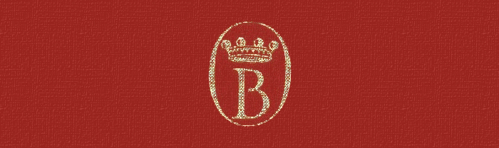 A crest used on a book about Lord Byron. It is a gold embossed capital B with crown above and encircled by an oval on a red background